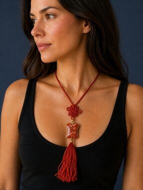 Vtg 1960s-1970s Butterfly Cloisonne Lucky Knot Tassel Sautoir Pendant Necklace